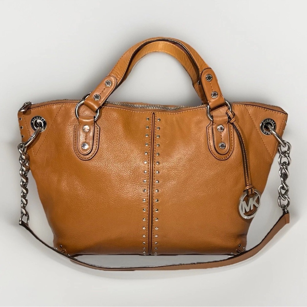 Michael Kors Cognac Brown Leather Silver Studded Large Astor Hobo Satchel Bag